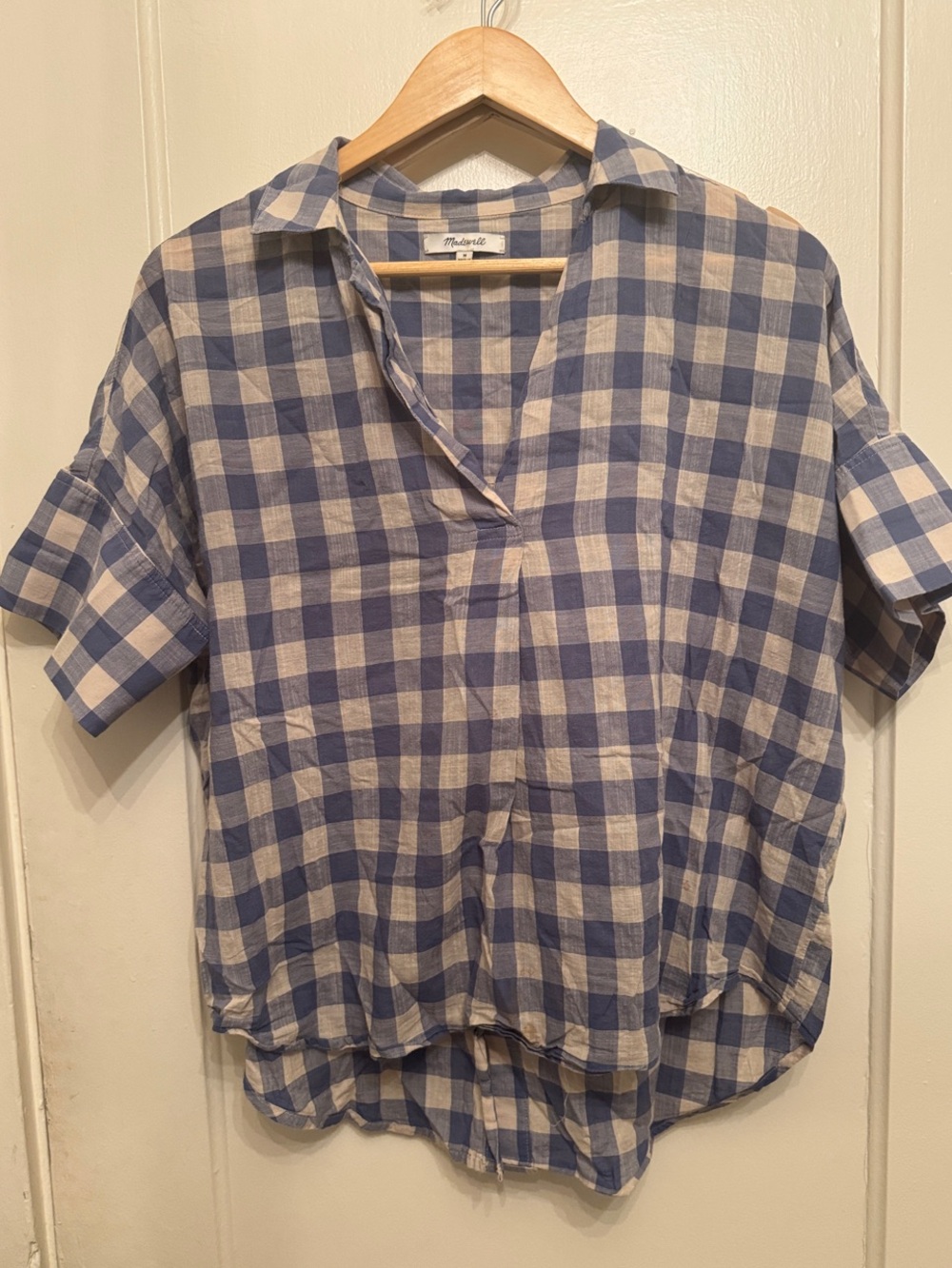 Madewell Blue and White Gingham Blouse w/back button embellishment